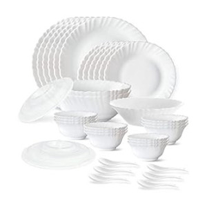 Larah by Borosil Plain White Silk Series Opalware Dinner Set | 35 Pieces for Family of 6 | Microwave & Dishwasher Safe | Bone-Ash Free | Crockery Set for Dining & Gifting | Plates & Bowls | White