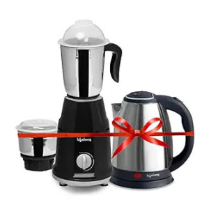 Lifelong Stainless Steel Mixer Grinder 500 W (2 Jar, Black) With Electric Kettle 1.5 Litre 1500W For Boiling Water, Soup (Silver) Super Combo | Combo For, 1.5 Liter, 500 Watt