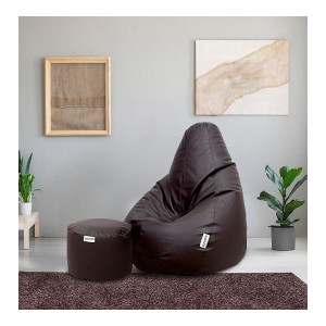 Amazon Brand - Solimo Premium Faux Leather Bean Bag Combo with Footrest, Filled with Beans | Multifunctional Pocket| Capacity: Upto 6 Ft Height, 100 KG Weight | 2XL | Cocoa Brown