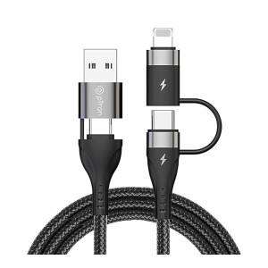 pTron Solero 4 in 1 Fast Charging USB Cable, Compatible with Oppo/Samsung/Vivo/Realme/iPhones, 65W Type C to Type C, 60W USB to Type C, 30W Type C to 8 Pin iOS, 15W USB to iOS, Nylon Braided(1M Black)
