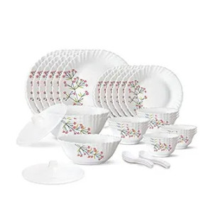 Larah by Borosil Red Bud Silk Series Opalware Dinner Set | 35 Pieces for Family of 6 | Microwave & Dishwasher Safe | Bone-Ash Free | Crockery Set for Dining & Gifting | Plates & Bowls | White,Floral
