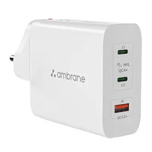Ambrane 150W GaN Multi-Port Fast Charger Type C USB Compatible with All iPhones, Android Smartphones & Laptops (MacBook & Windows) with Dual Removable Pins for India & EU/US (RAAP G150, White)