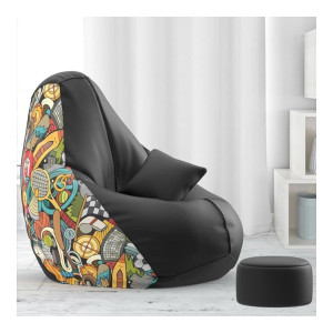 ComfyBean Bag with Beans Filled 4XL Bean Bag with Free Cushion and Footrest - Official : CustomCoziness Combo (Matching Color : Printed, Sports - H - Black Green), Faux Leather