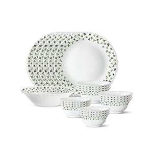 Larah by Borosil Sage Silk Series Opalware Dinner Set | 19 Pieces for Family of 6 | Microwave & Dishwasher Safe | Bone-Ash Free | Crockery Set for Dining & Gifting | Plates & Bowls | White,Floral