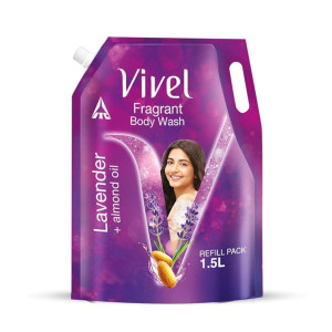 Vivel Body Wash, Lavender & Almond Oil, Fragrant & Moisturising Shower Gel, 1500ml, Refill Pouch, for Soft, Glowing and Moisturised Skin (Coupon)
