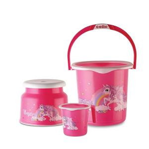 Cello Kidzbee Unicorn Splash Bathroom Set | Sturdy and Durable | Lightweight and Rigid | Easy to Clean and Attractive Design | Pink, Set of 3 (Coupon)