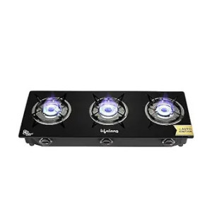 Lifelong LLGS803 Auto Ignition, High Efficiency 3 Burner Gas Stove with Toughened Glass Top, ISI Certified, Automatic Ignition, For LPG Use Only (Black)
