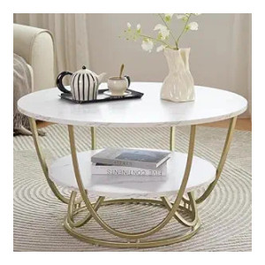 Ereteken ART Round Gold Coffee Table,2 Tier Coffee Tables for Living Room,Circle Coffe Table with Storage Modern Center Tea Table Wooden Faux Marble Top Metal Legs Accent Table (Gold-Whit)