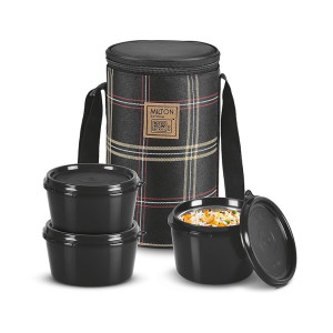 MILTON Lofty Tiffin (3 Microwave Safe Inner Steel Containers, 1 x 320 ml, 2 X 450 ml Each) with Insulated Fabric Jacket, Black