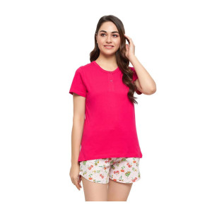 Clovia Women's Cotton Chic Basic Top & Printed Shorts in Pink