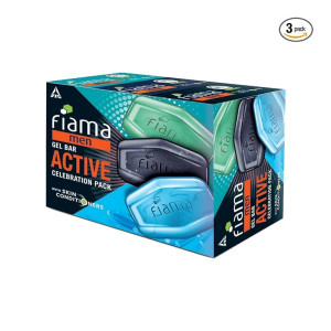Fiama Men Gel Bar Active Celebration Pack with 3 Unique Gel Bars, Charcoal and Grapefruit, Refreshing Pulse and Energising Sport for Moisturised Skin, 375g (125g - Pack of 3), Soap for Men, For All Skin Types