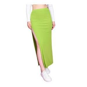 POPWINGS Women Casual Green Solid Self Design Long Slit Skirt