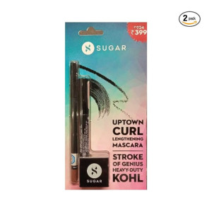 SUGAR Cosmetics Stroke Of Genius Heavy-Duty Kohl + Uptown Curl Lengthening Mascara Blister | Smudgeproof & Waterproof | 4.2g (Combo of 2) (Kajal + Mascara Combo) (Coupon)