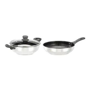 Amazon Basics DuraCoat Impact Bottom Stainless Steel with Nonstick Coating Cookware - 2 pcs | Soft Touch Handles and Knob (Kadai with Glass lid - 24 cm and Fry Pan 24 cm)