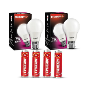 Eveready 7W Led Light Bulb | Energy Efficient| With 4Kv Surge Protection For 440 V | 4 Aa Batteries Included | 100 Lumens Per Watt | Cool Day Light (6500K) | Pack Of 2 - B22D