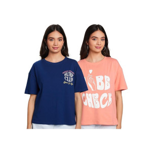Amazon Brand - Symbol Oversized T-Shirts for Women's | Cotton Stretch | Front & Back Print | Loose T-Shirt | Combo (Pack of 2)