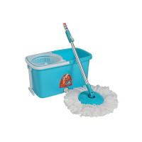 Gala Plastic Popular Spin Mop With Easy Wheels, Long handle, Microfibre Refill and Water Outlet in Blue with White, Standard (152710)