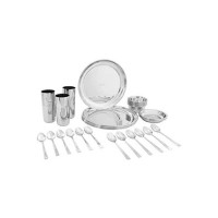 Amazon Brand - Solimo Stainless Steel Dinner Set of 42 Pieces | Mirror Finish I Bhojan Thali Set I Dinnerware Set for Kitchen I Dishwasher Safe
