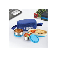 CELLO Double Treat Lunch Box with Jacket, 3 Container, (2 Units Round Container - 300 ml, 1 Unit Oval Container), Blue, Stainless Steel, Plastic (Coupon)
