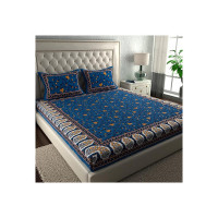 La Verne104 TC 100% Cotton Jaipuri Rjasathani Hand Print Bedsheet with 2 Pillow Covers (Blue)