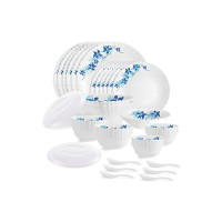 Cello Opalware Dazzle Series Blue Swirl Dinner Set, 35 Units | Opal Glass Dinner Set for 6 | Light-Weight, Daily Use Crockery Set for Dining | White Plate and Multipurpose Bowl Set