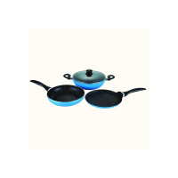 Wonderchef Athena Aluminium Non-Stick Cookware Set of 4 | Kadhai with Glass Lid 24cm, Fry Pan 24cm & Dosa Tawa 25cm | Induction Friendly Cookware | Cool Touch Bakelite Handle | Pure Grade Aluminium | PFOA Free | 2 Year Warranty | Blue