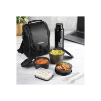 CELLO Max Fresh All in One Lunch Box Set of 5 with Fabric Bag | 3 Plastic Containers, 1 Pickle Box and 1 Steel Bottle | Microwave Safe | Full Meal and Easy to Carry, Black