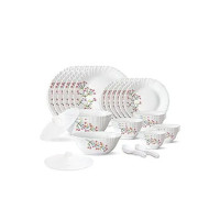Larah by Borosil Red Bud Silk Series Opalware Dinner Set | 35 Pieces for Family of 6 | Microwave & Dishwasher Safe | Bone-Ash Free | Crockery Set for Dining & Gifting | Plates & Bowls | White,Floral