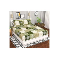 BSB HOME Microfiber 144 TC Aspire 2.O Collections Soft Breathable Wrinklefree Texture Floral Cheks Printed Double Bedsheets with 2 Regular Size Pillow Covers, Color Light Green and White