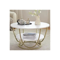 Ereteken ART Round Gold Coffee Table,2 Tier Coffee Tables for Living Room,Circle Coffe Table with Storage Modern Center Tea Table Wooden Faux Marble Top Metal Legs Accent Table (Gold-Whit)