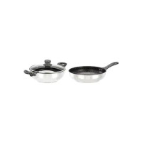 Amazon Basics DuraCoat Impact Bottom Stainless Steel with Nonstick Coating Cookware - 2 pcs | Soft Touch Handles and Knob (Kadai with Glass lid - 24 cm and Fry Pan 24 cm)