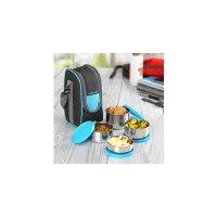 CelloSteelox Set of 4 Blue Stainless Steel Lunch Box with Jacket- 225ml, 375ml, 550ml
