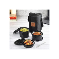 CELLO Max Fresh Click Lunch Box Set with Bag, 3 Containers, 300ml, Black | Outer Plastic & Inner Stainless Steel Tiffin Box with Jacket | Leakproof Lunch Boxes | Ideal for College, Office (Coupon)