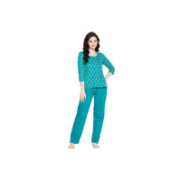 Clovia Women's Cotton Butterfly Print Top & Solid Pyjama Set in Teal Blue