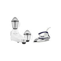 Bajaj GX-8 750W Mixer Grinder with Nutri Pro Feature, 3 Jars, White & Majesty DX-11 1000W Dry Iron with Advance Soleplate and Anti-bacterial German Coating Technology, White and Blue