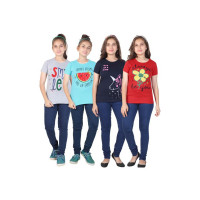 MIST N FOGG Girls Printed Cotton Blend T Shirt  (Multicolor, Pack of 4)