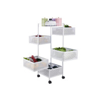 Amazon Brand - Solimo Five-Tier Square Trolley with Baskets, Rotating, Wire Mesh Baskets, Magnetic Closure, Portable (White) - Mid-Steel