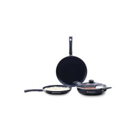 Wonderchef Valencia Non-Stick Cookware 4 Piece Set | Kadhai with Lid 24 cm, Fry Pan 24 cm, Dosa Tawa 28 cm | Pure Grade Aluminium| PFOA Free| 2 Years Warranty | Black