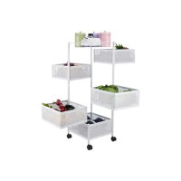 Amazon Brand - Solimo Five-Tier Square Trolley with Baskets, Rotating, Wire Mesh Baskets, Magnetic Closure, Portable (White) - Mid-Steel
