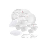 Cello Opalware Dazzle Series Lush Fiesta Dinner Set, 35 Units | Opal Glass Dinner Set for 6 | Light-Weight, Daily Use Crockery Set for Dining | White Plate and Multipurpose Bowl Set