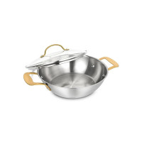 Michelangelo Stainless Steel Kadai, 24cm/ 2.5 litres Steel Kadai with Golden Riveted Handles, Heavy Bottom, Induction Kadai and Gas Ready, Silver